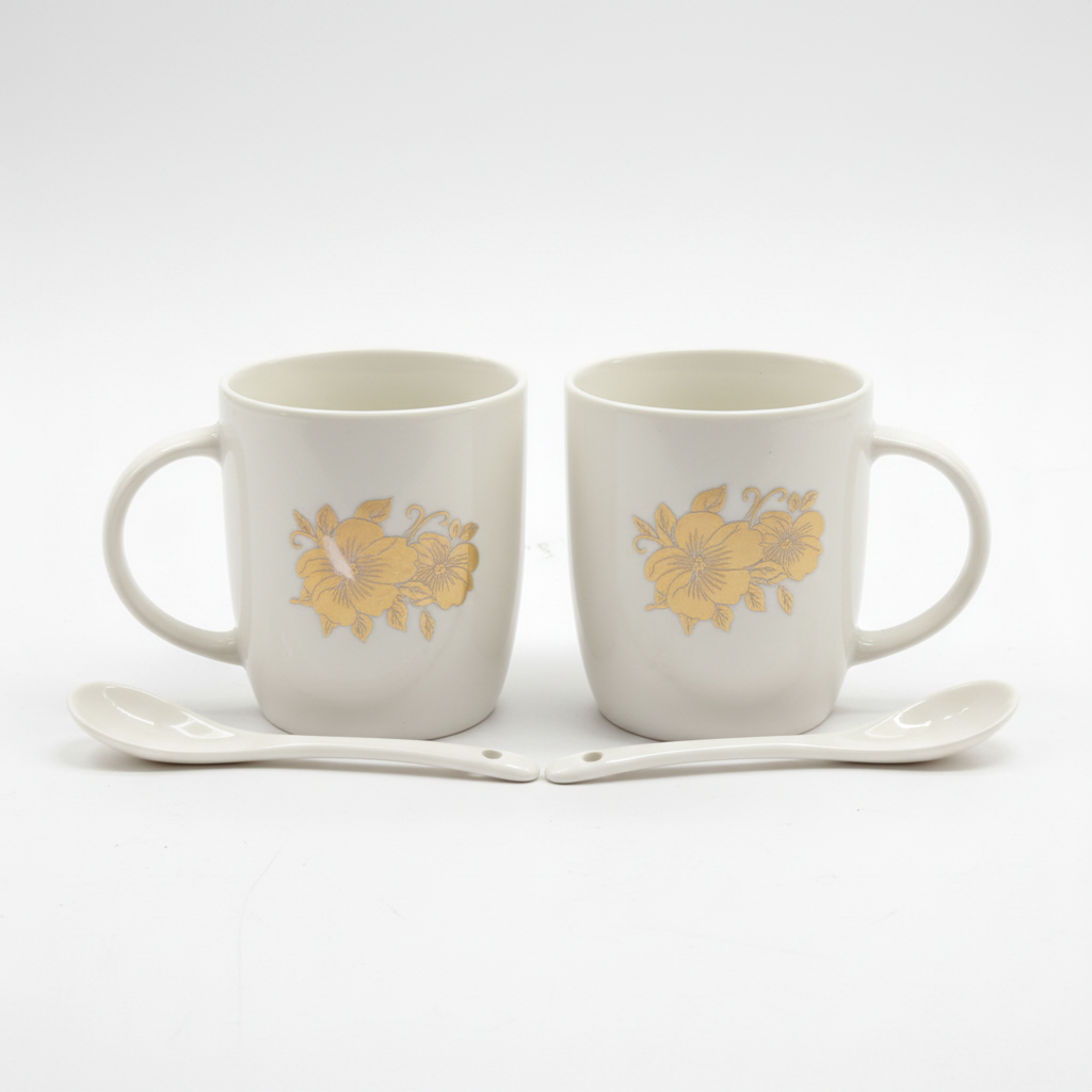 Premium Coffee Mug Set 2 Pcs with Spoons - Front View White Background