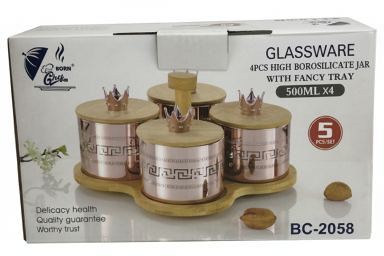 Born Chef BC-2058 Glassware 4 Pcs Borosilicate Jar with Fancy Tray Product Box White Background