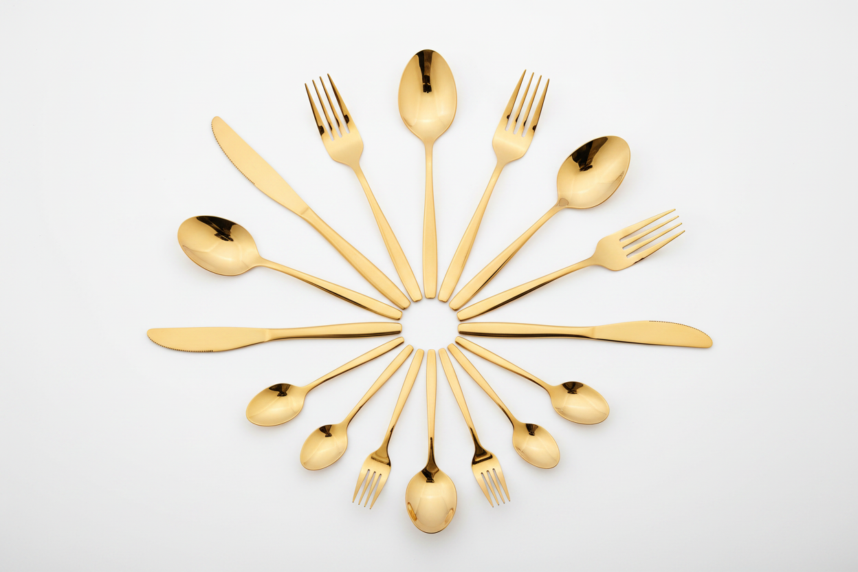 24 Pcs Gold Flatware Flat Lay - White Background