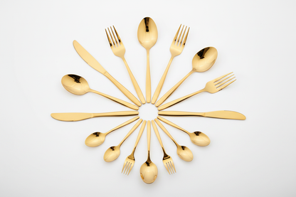 24 Pcs Gold Flatware Flat Lay - White Background