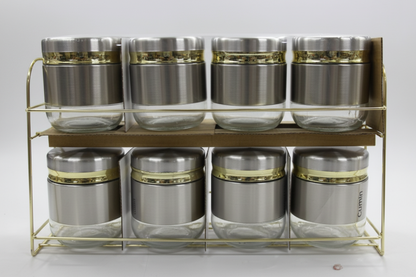 Born Chef 8 Pcs Glass Spice Jar Set with Gold Metal Rack White Background