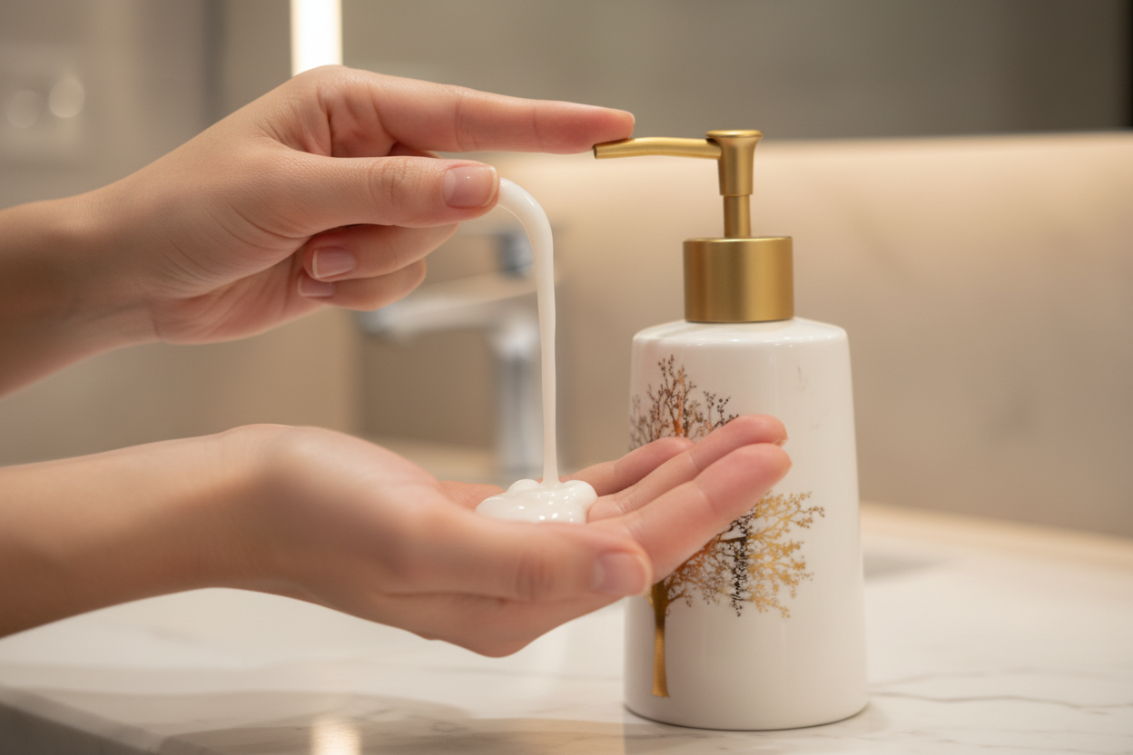 Ceramic Soap Dispenser - Hand Pressing Gold Pump with Soap Flowing