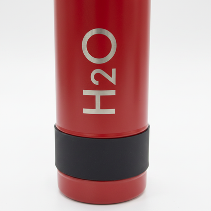 H2O LEVO 750ml red bottle - close-up detail of logo and lid
