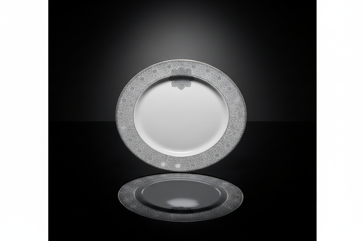 White Silver Lace Ceramic Plate - Luxury Spotlight on Glossy Reflective Surface