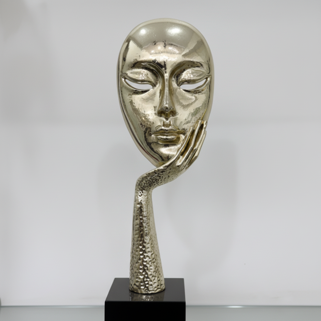 Gold face mask sculpture single close up facial detail