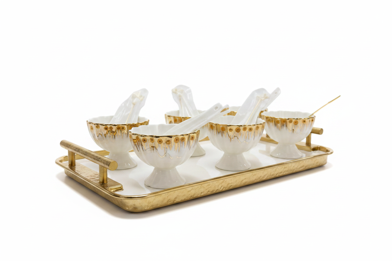 White Gold Tea Cup Set - Minimal White Background Studio Shot