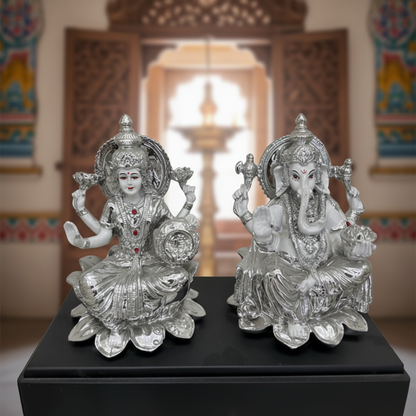 Silver Laxmi Ganesh idol pair front view