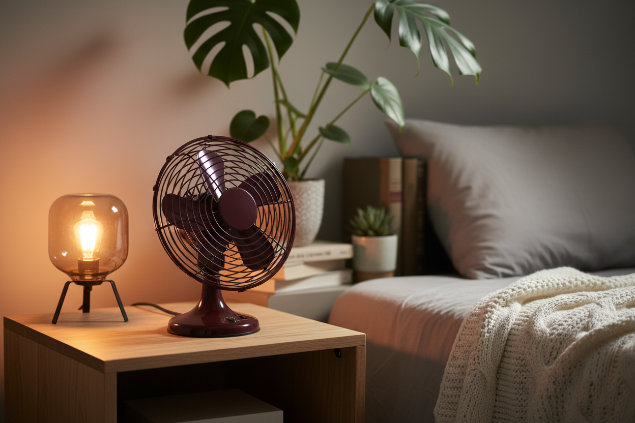 Table Fan Maroon - Bedroom Lifestyle Shot