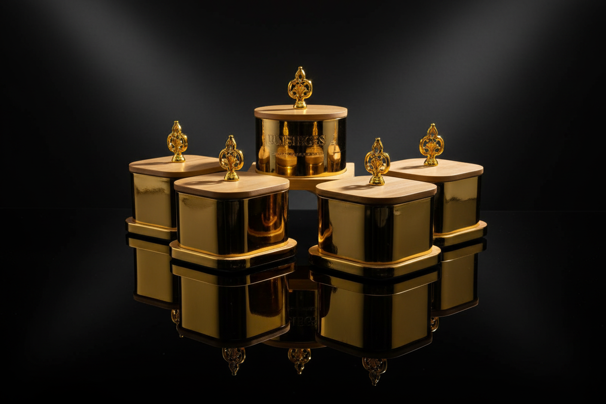 Gold Canister Set - Luxury Spotlight on Glossy Reflective Surface