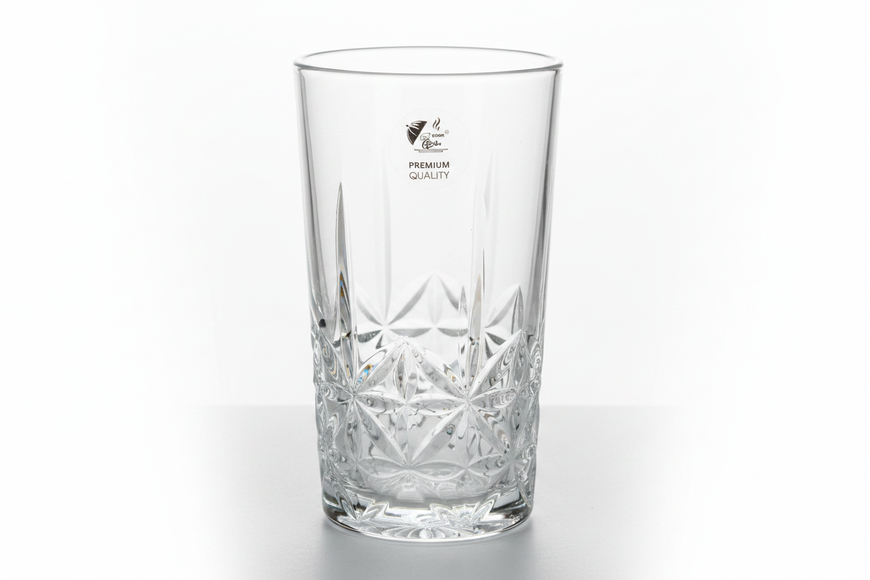 Rooster Premium Crystal Cut Water Glass Floral Star Pattern White Background