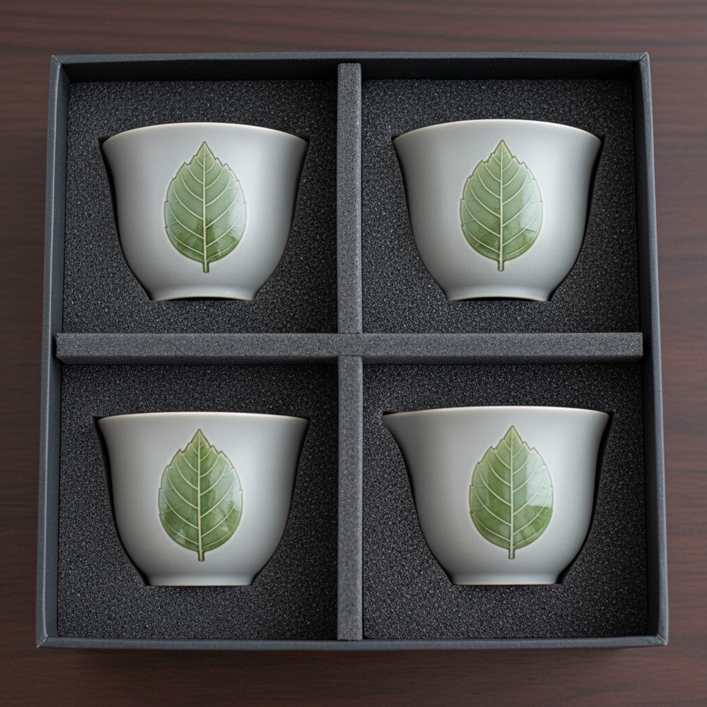 Luxury Box Display - Ceramic cup set in black foam box, top-down shot