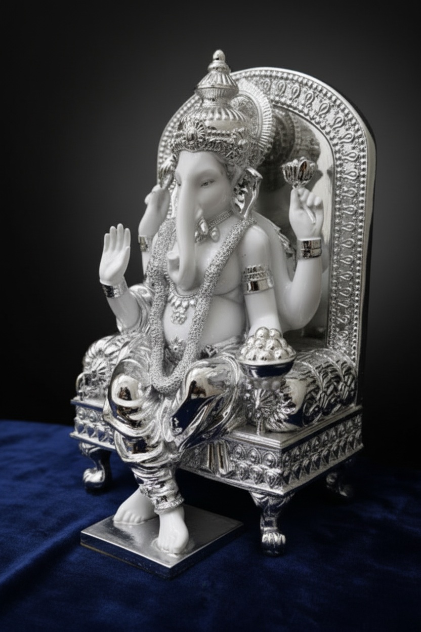 Silver Ganesha Singhasan - Three-Quarter Angle