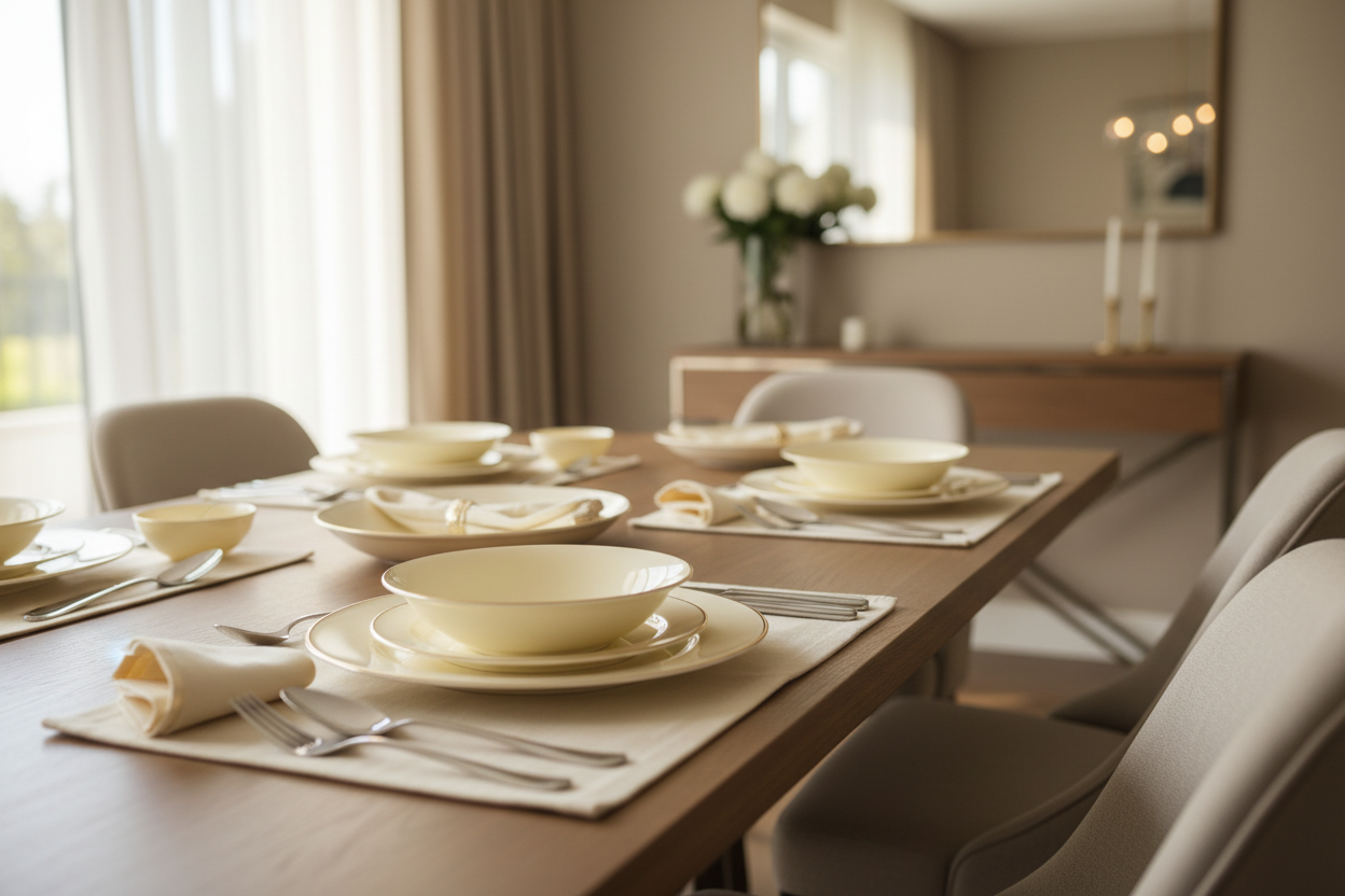 Premium Ceramic Dinner Plate Set - Dining Table Setup with Cutlery and Napkins