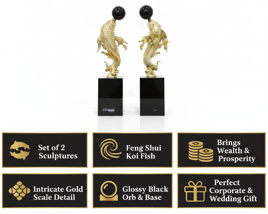 Gold koi fish sculpture benefits infographic Amazon India