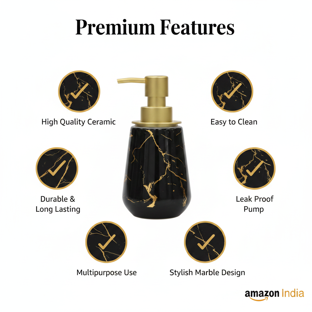 Black Marble Gold Soap Dispenser – Premium Features Infographic