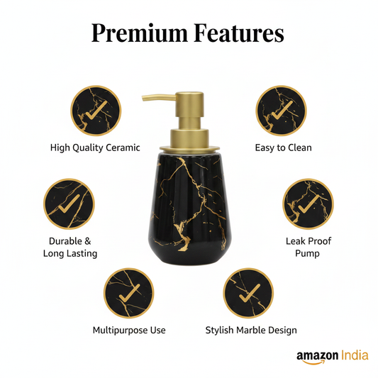 Black Marble Gold Soap Dispenser – Premium Features Infographic