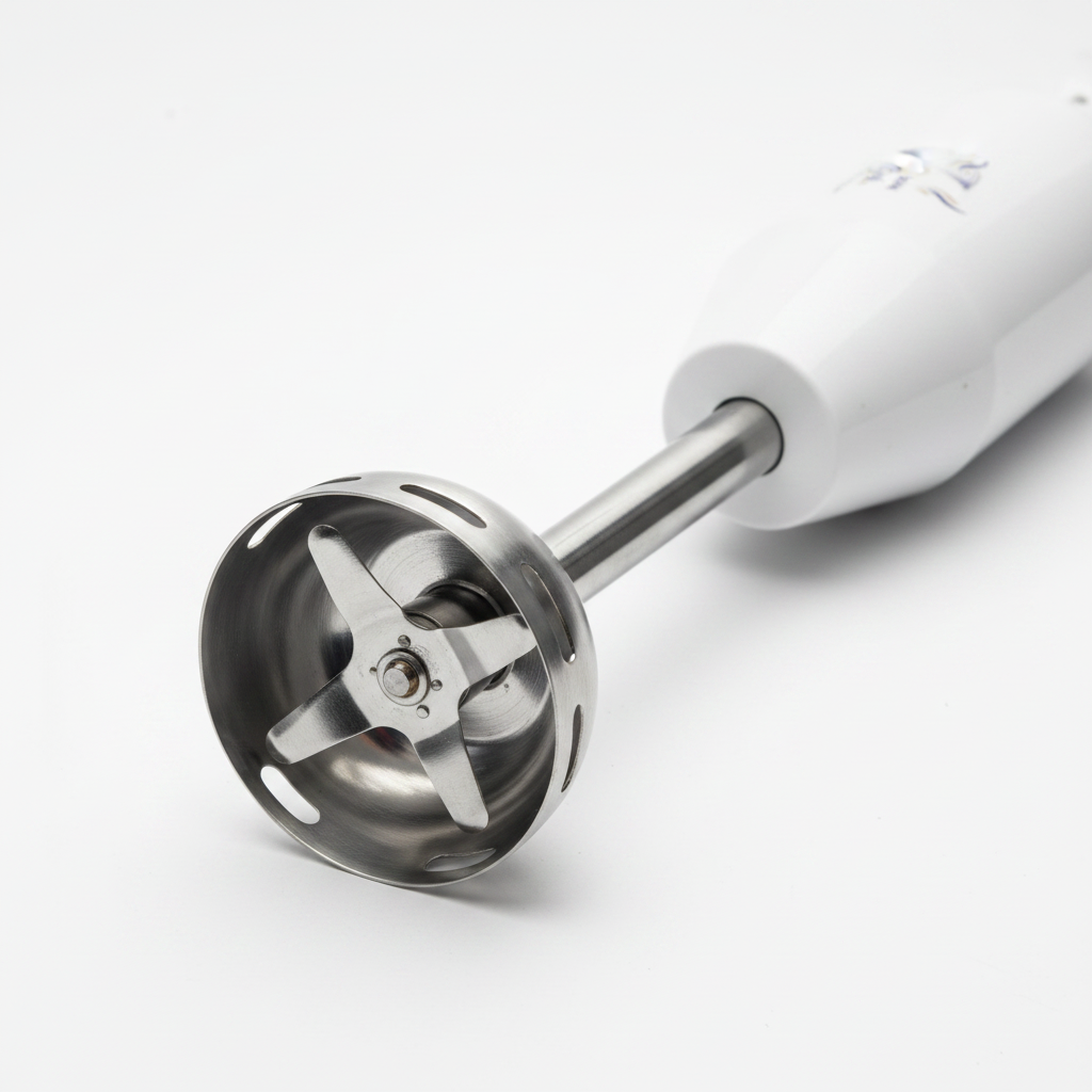 Close-up of stainless steel blending shaft and blade