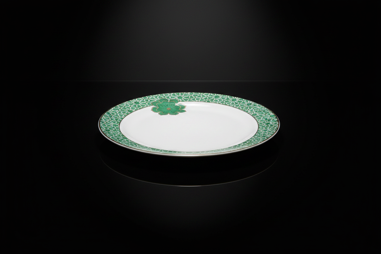 White Green Floral Ceramic Plate - Luxury Spotlight on Glossy Reflective Surface