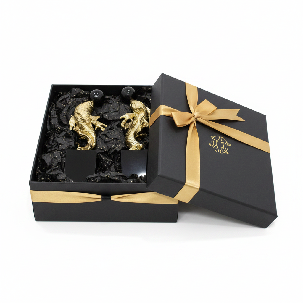 Gold koi fish sculpture in luxury gift box
