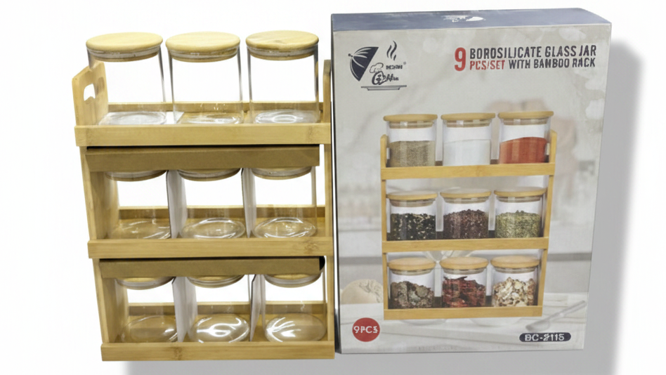 Born Chef BC-2115 Bamboo Rack with 9 Glass Jars - White Background