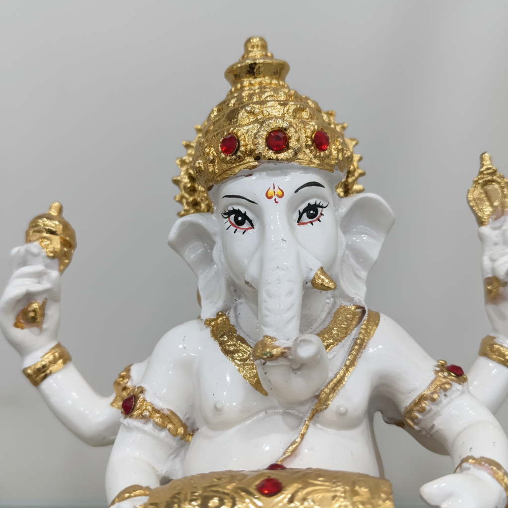 Gold White Ganesha Face Crown Close-up