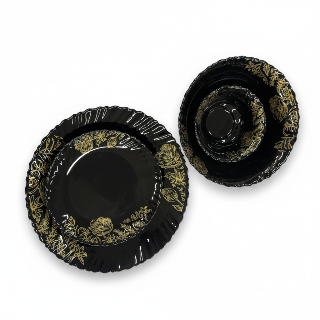 33 Pcs Black Glassware - Plate and Bowl Set White Background