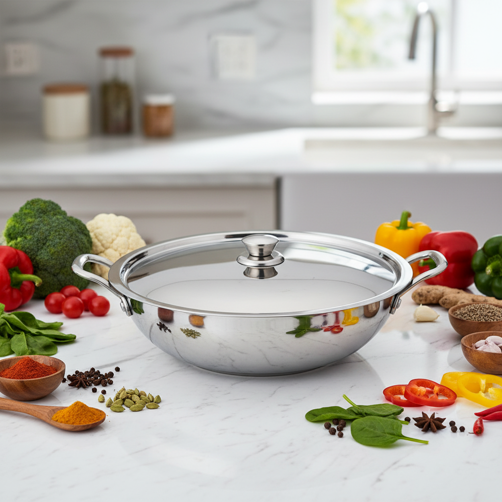 Born Chef Stainless Steel Kadai 30cm – Lifestyle with Vegetables