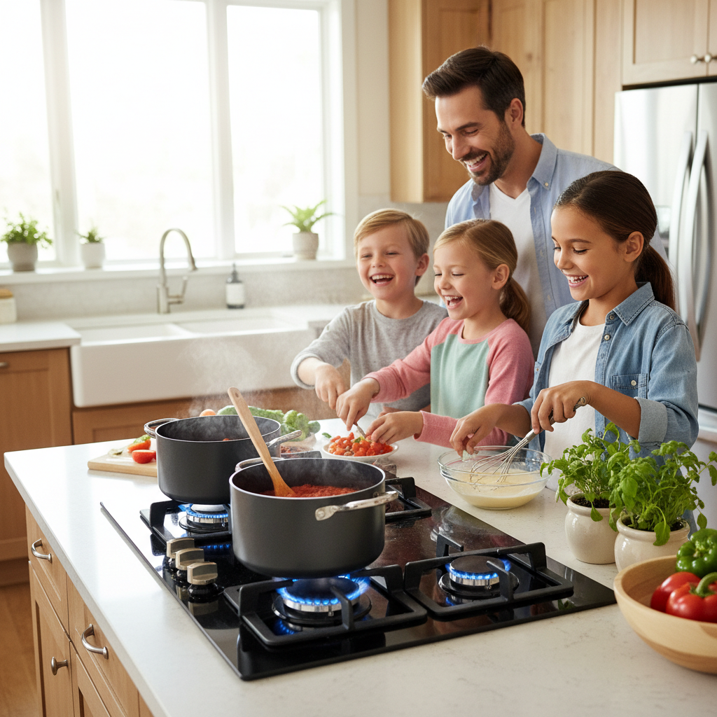 Family Cooking Together on Gas Stove - Lifestyle Scene