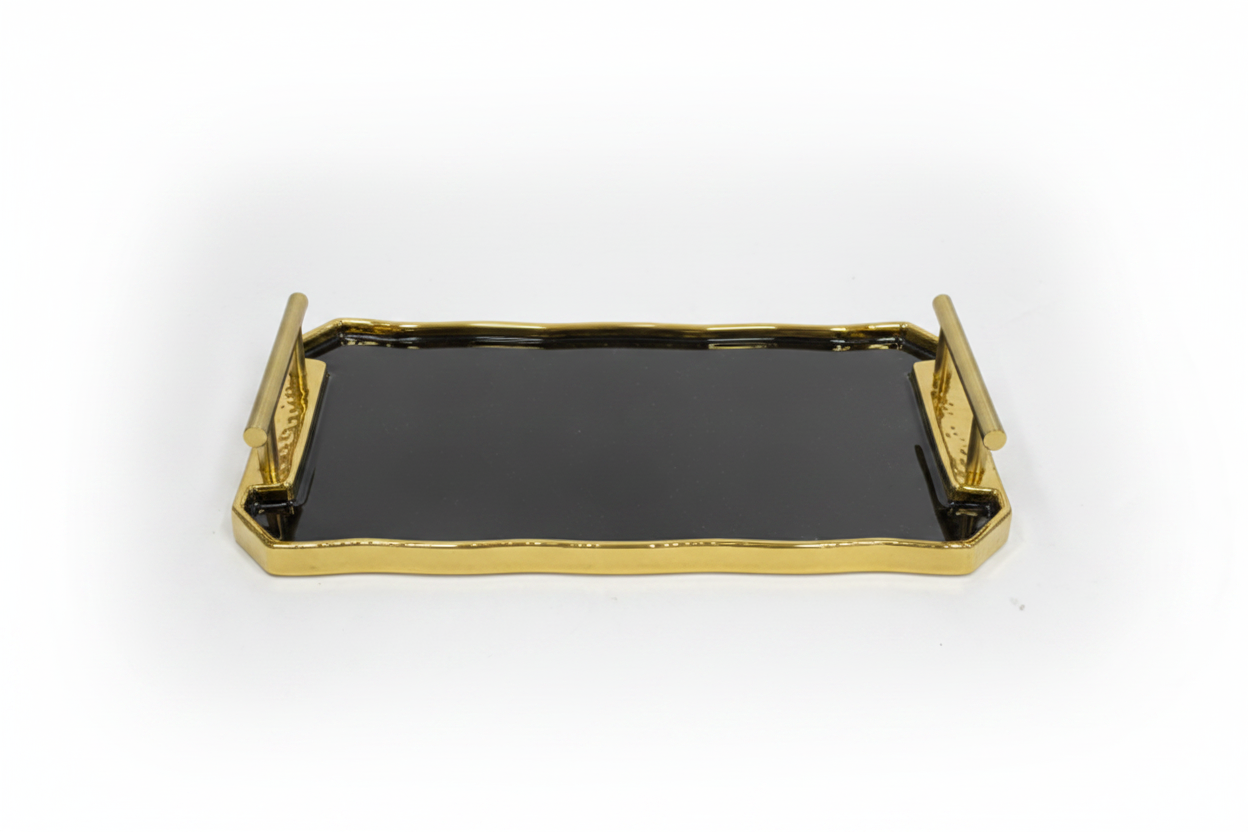 Black Gold Ceramic Serving Tray with Gold Handles