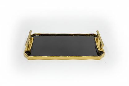 Black Gold Ceramic Serving Tray with Gold Handles