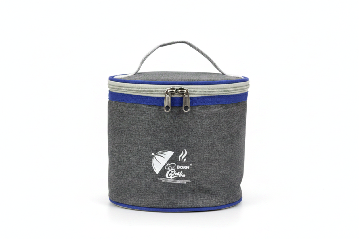 Grey Insulated Lunch Bag with Blue Trim White Background