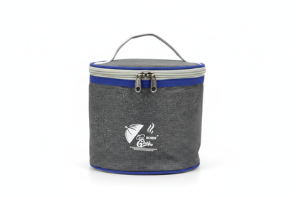 Grey Insulated Lunch Bag with Blue Trim White Background