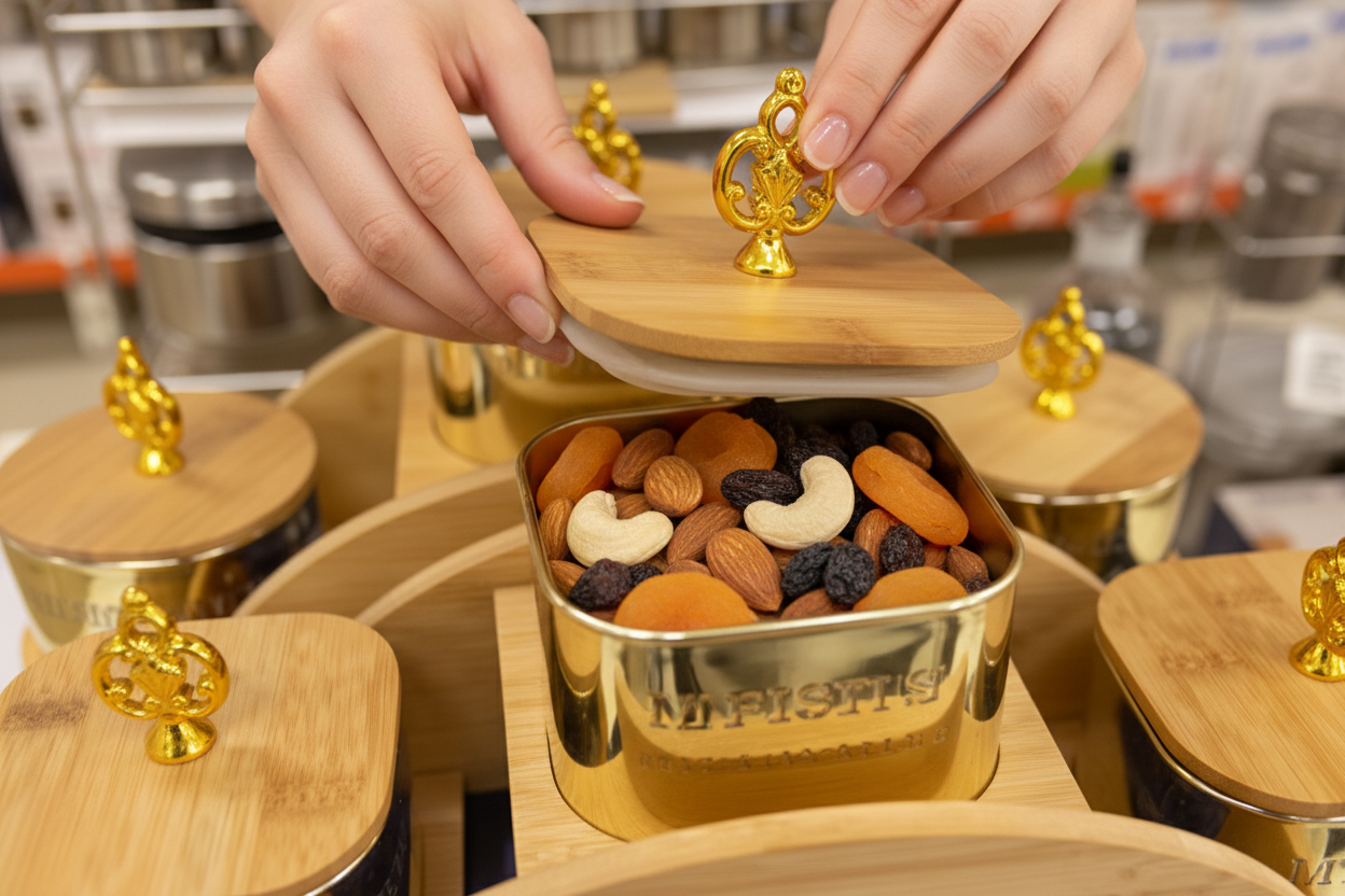 Gold Canister Set - Person Opening Container with Dry Fruits