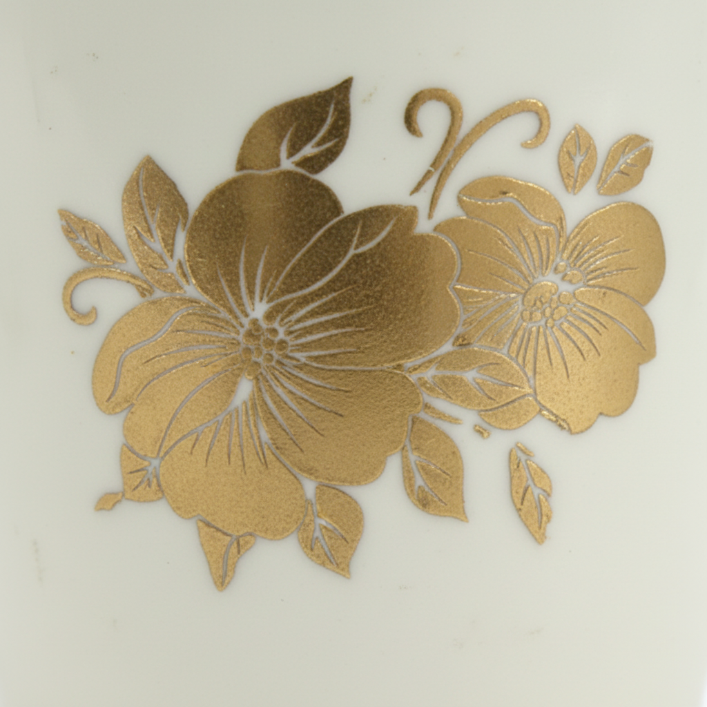 Golden Floral Design Close-up Detail on White Ceramic Mug