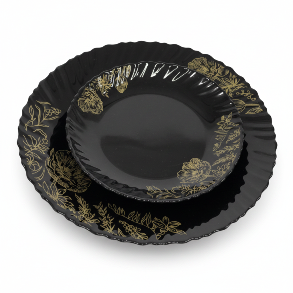 33 Pcs Black Glassware - Two Plates Stacked White Background