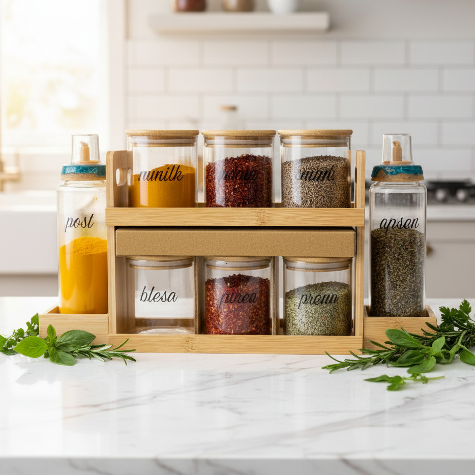 Bamboo Spice Rack - Filled with Colorful Spices