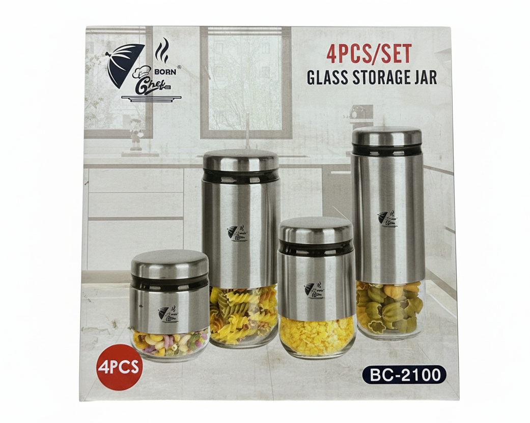 Born Chef BC-2100 4 Pcs Glass Storage Jar Set Product Box White Background