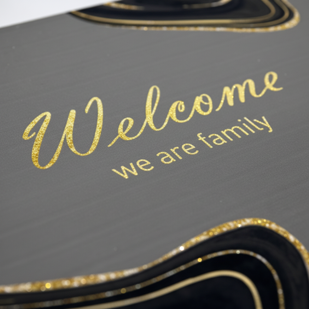 Welcome We Are Family Door Mat - Close-up Gold Text Detail