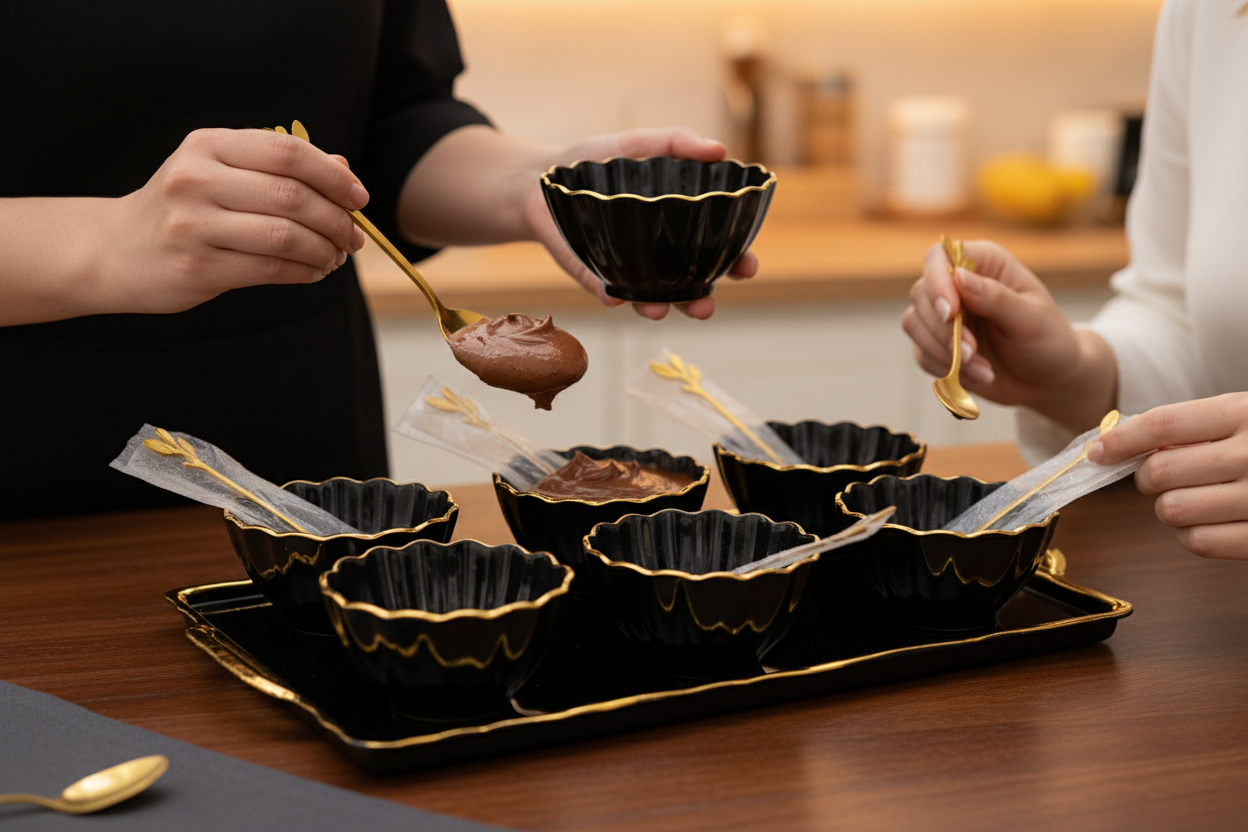 Black Gold Bowl Set - Person Serving Desserts with Tray in Background