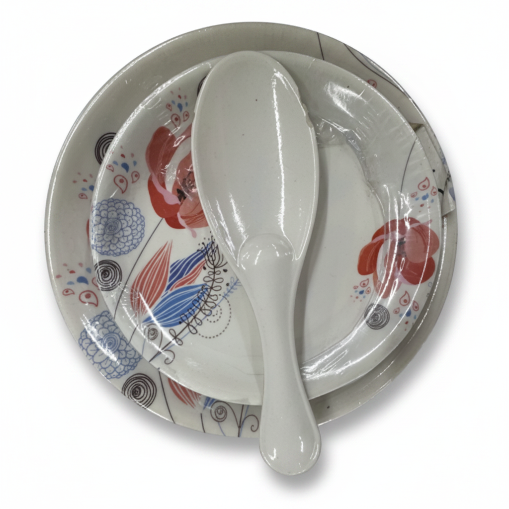 Born Chef Melamine Plates with Red Floral Design and Spoons - White Background