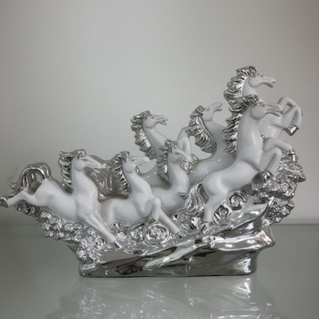 White silver seven horses figurine side profile full length