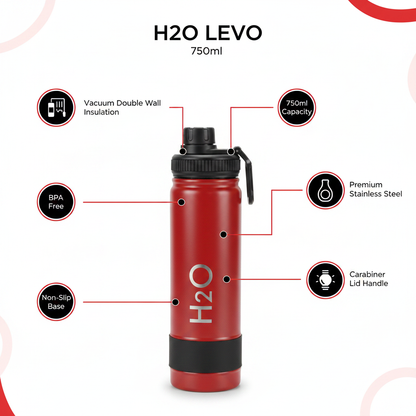 H2O LEVO 750ml red bottle - infographic with key features