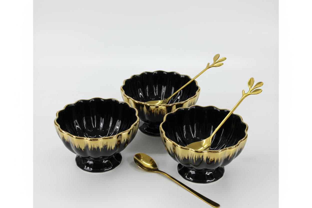 Black Gold Ceramic Bowl with Gold Flower Spoon Top View