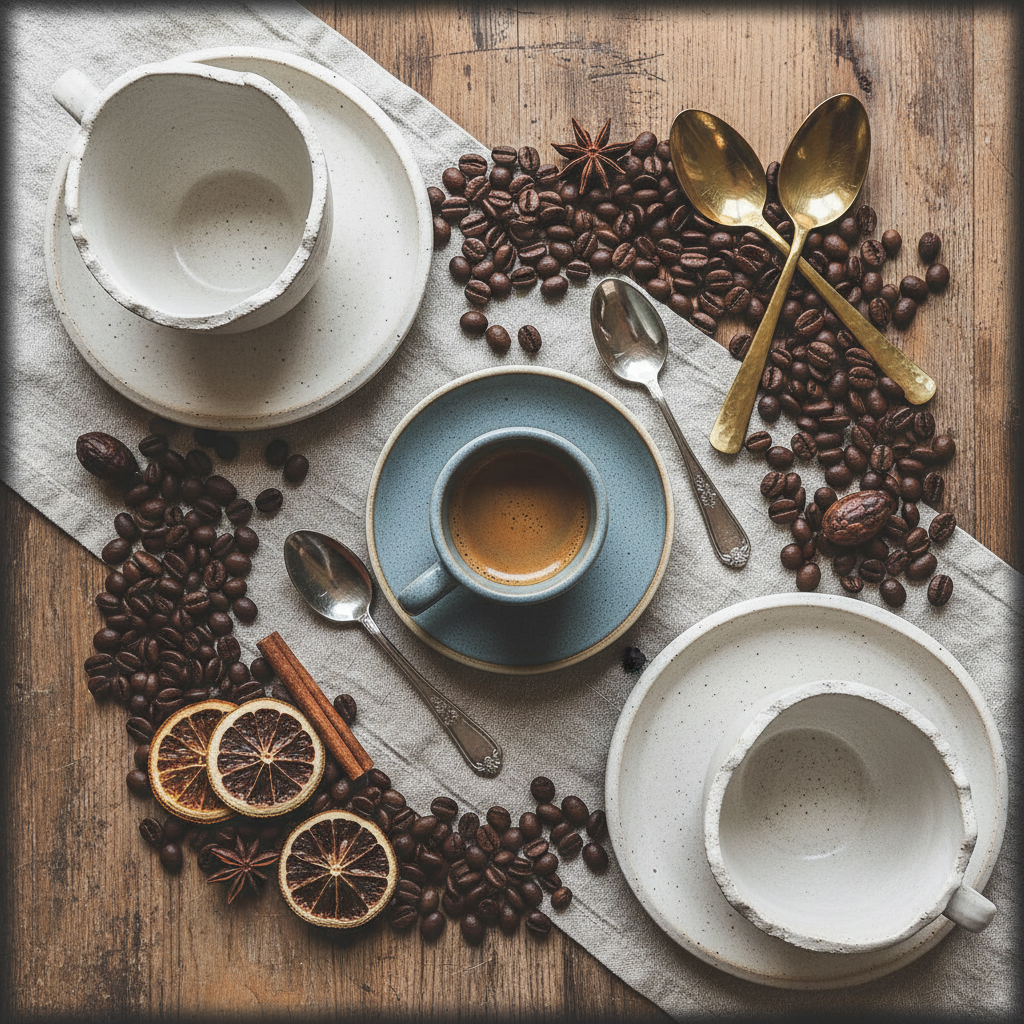 Artistic Flat Lay - Ceramic cups with coffee beans and spoons, Instagram aesthetic