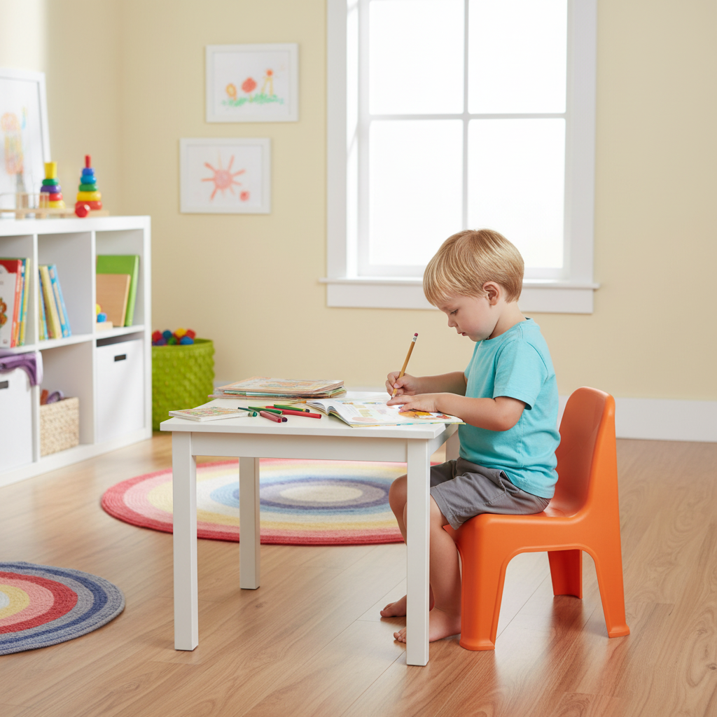 Child sitting on orange kids chair doing homework