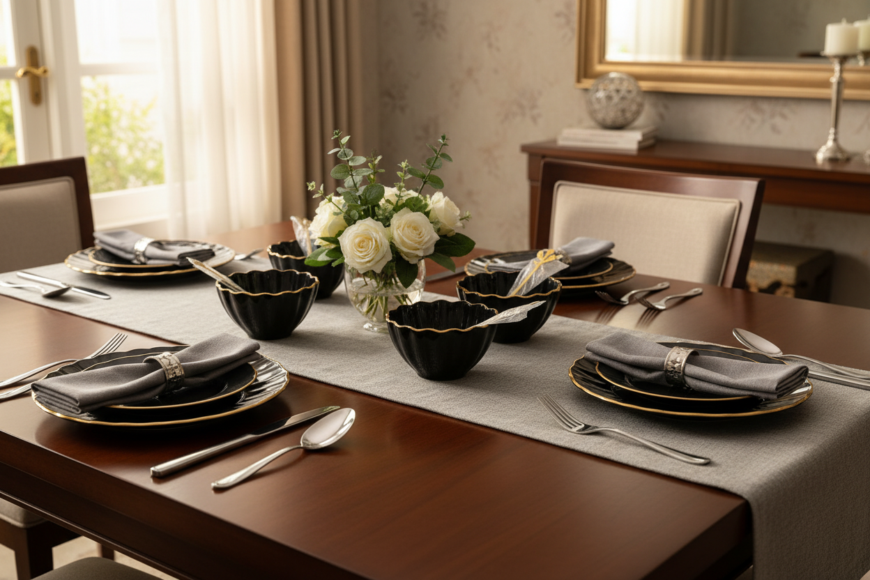 Black Gold Bowl Set - Elegant Dining Table Setup with Cutlery and Napkins