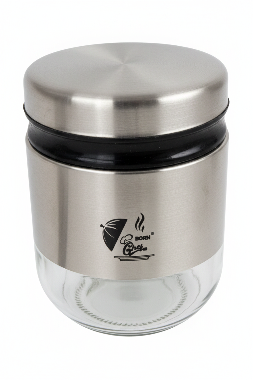 Born Chef Stainless Steel Glass Storage Jar Single Close Up White Background