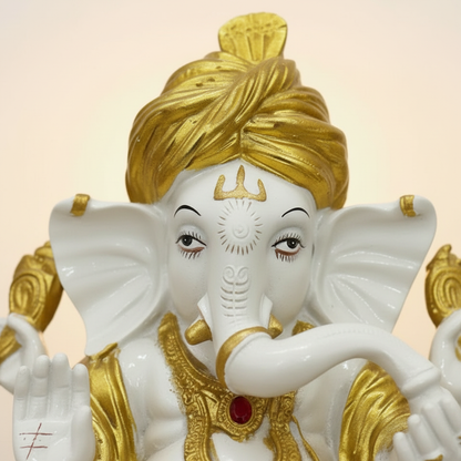 White Gold Ganesha Idol - Face Close-up