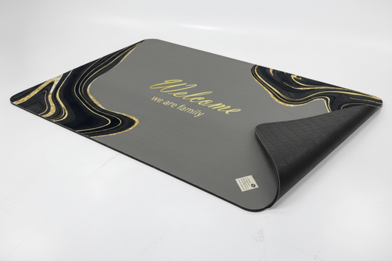 Welcome We Are Family Door Mat - Angled View Thickness and Base