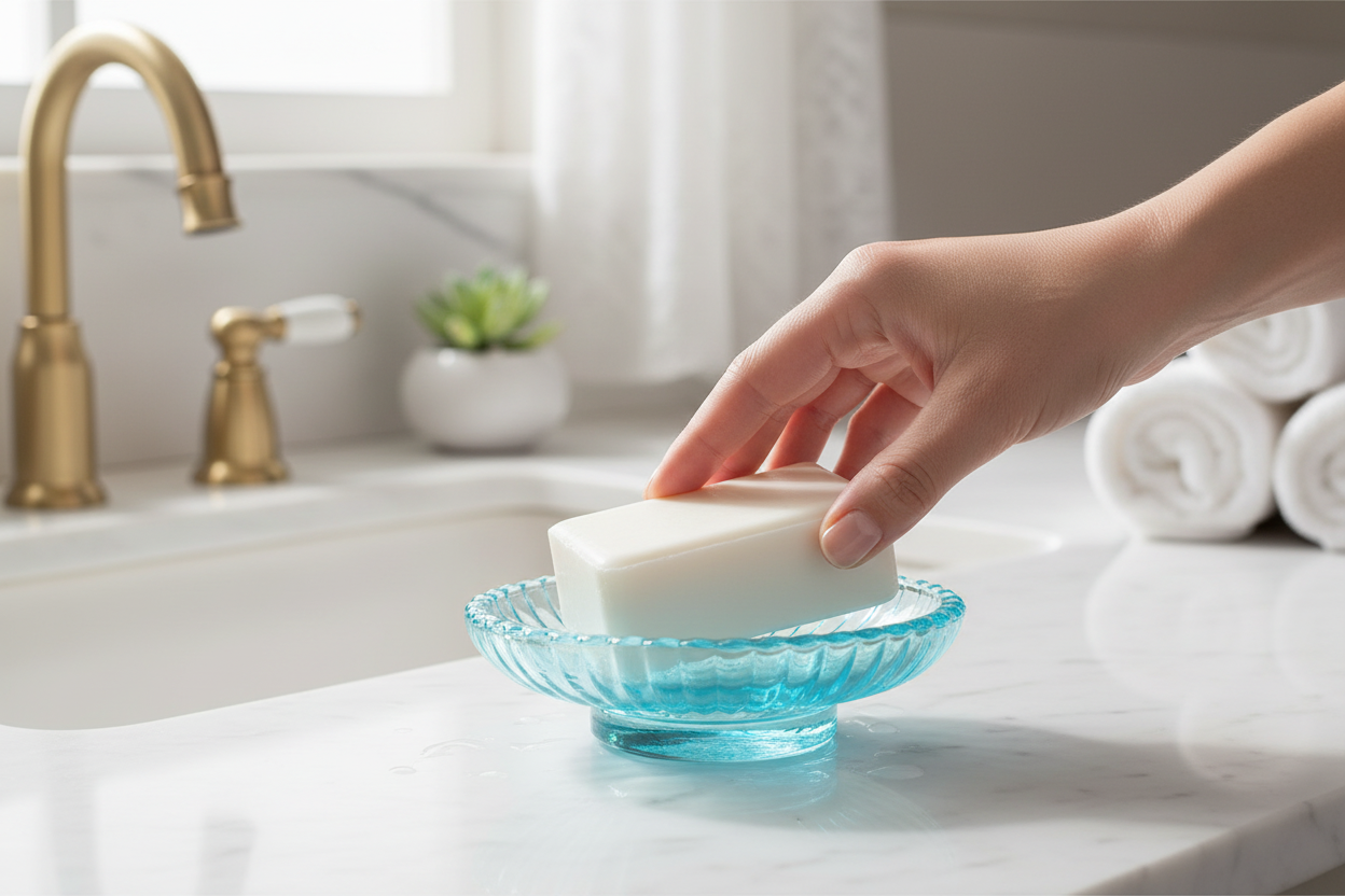 Aqua Blue Ribbed Glass Soap Dish - Hand Lifting White Bar of Soap